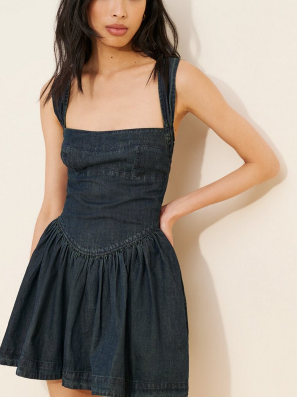 Free People Laurel Denim Mini Dress Sleeveless Square Neck Smocked Dark Wash M